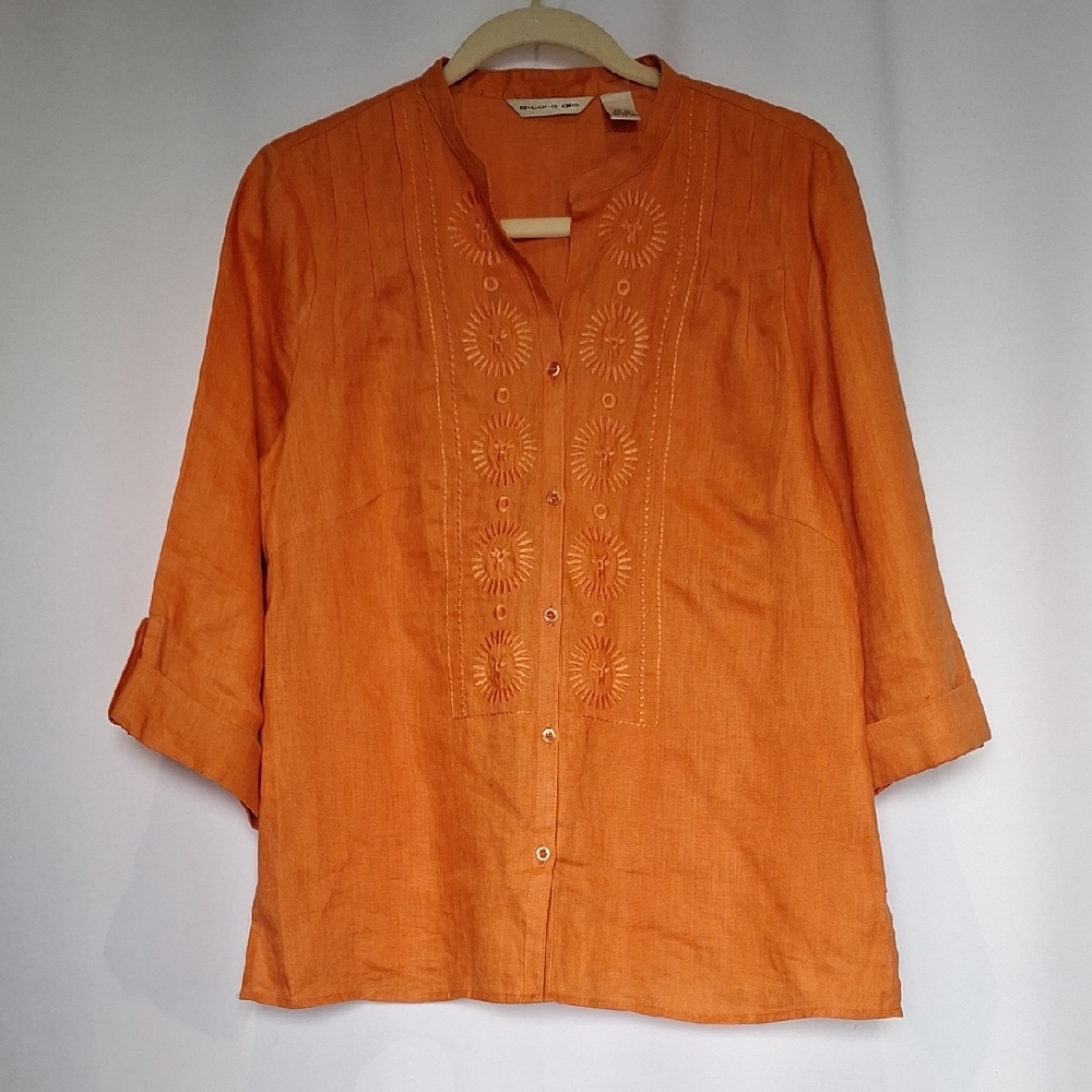 Ecologie Embroidered Orange 100% Linen Button-Front Women's Top Size L